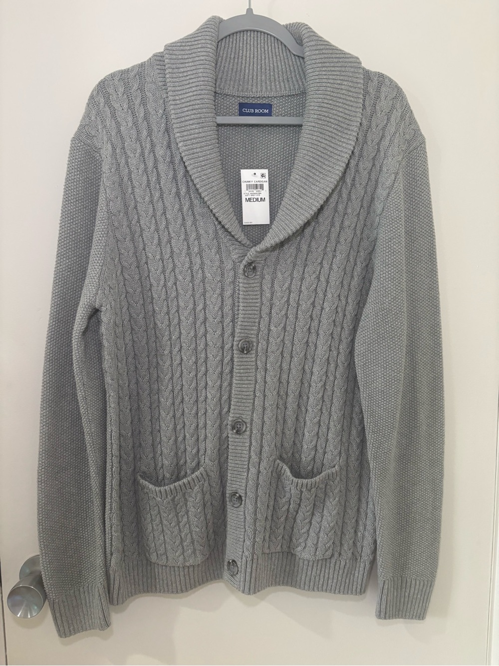 Club Room Men’s Chunky Cable Knit Shawl Collar Cardigan Gray size M NWT